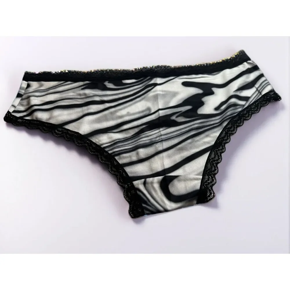 New Bikini Brief Lace Accent Black White Abstract Small Panties Underwear NWOT